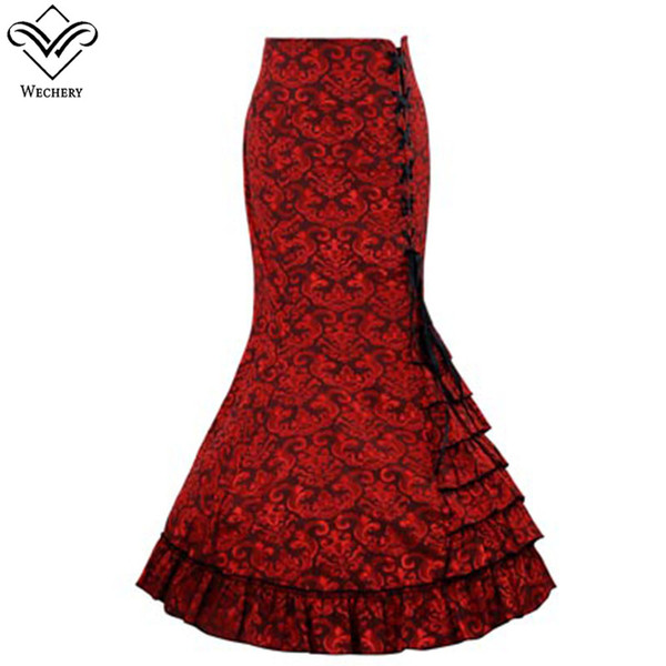 Female Sexy Skirt Women's Dress Maxi Mermaid Steampunk Gothic Skirt Splited Lace Up Floral Shows Club Dance Corset Trumpet Costume