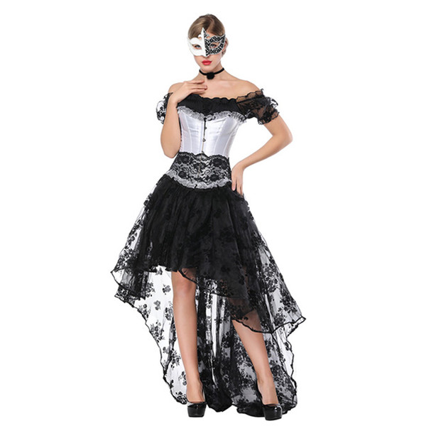 New Women Mesh Tulle Skirt and Underbust Corsets Set Long Irregular Floral Lace Skirt with Off Shoulder Short Sleeve steampunk Bustier Top