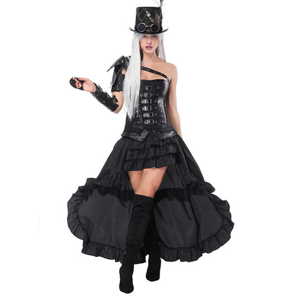 Sexy Corset with Skirts Sets Women Steampunk Goth One Shoulder Strap CorsetsAnd Black Cut Out Ruffles Long Skirt Set Stage Costumne