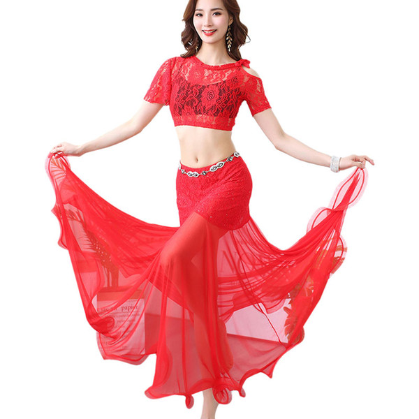 2019 New Belly Dance Practice Clothes Off The Shoulder Lace Spiral Side Swing Skirt Sexy Suit Female