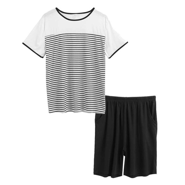 Sleeve Striped Set Pj High Spring Sleep Short Waist Pajamas Elastic Men Summer Short Neck Pocket O Home Shirts