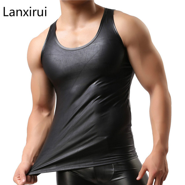 Brand New Casual Sexy Mens Clothing Underwear T-Shirt Sleeveless Vest Tank Top PU Faux Leather Black Crew-Neck Shirt