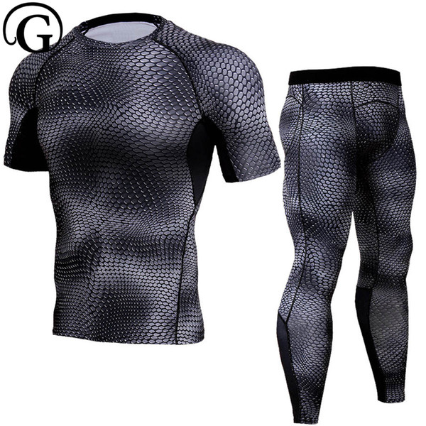 2pcs=1set Men Tshirt short Sleeve Compression Tops Elastic Tee Shirt long pants breathable body shapers T-shirt Bodybuilding