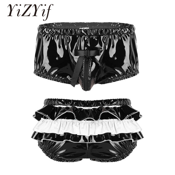 YiZYiF Mens Underwear Panties Wet Look Patent Leather Lingerie Zippered Bulge Pouch Back Frilly Ruffled High Cut Low Rise Briefs