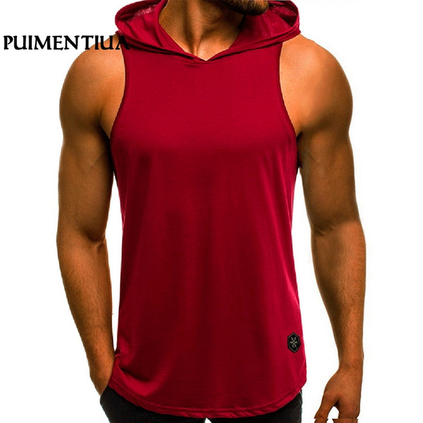 Puimentiua 2019 Men Summer Hooded Sleeveless Vest Male Casual Slim Fit Breathable Sports Pullover Tops Solid Loose Vest