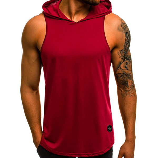 Men Hooded Sleeveless Sports Elastic Summer Casual Fitness Wear Close-fitting Vest