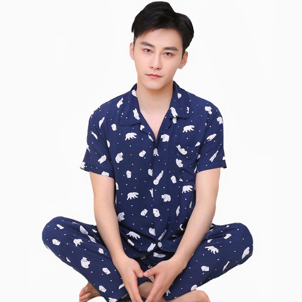 Plus Size L-3XL Men Short Sleeve 2 PCS Shirt&Pant Summer Casual Home Clothes Male Cotton Soft Pajamas Set Printed Sleep Suit