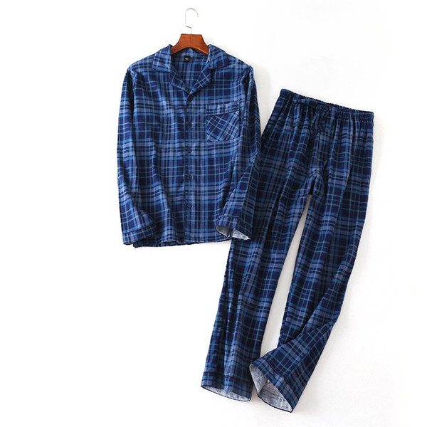 2019 Spring Casual Pijamas Men Plaid Pajama sets Male 100% Polished pure cotton Sleepwear suit Turn-down collar shirt & Pants