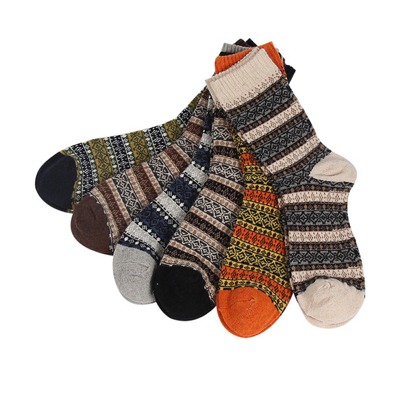 winter high quality men thick warm wool socks male vintage geometry patterns long cotton socks 6pairs/lot