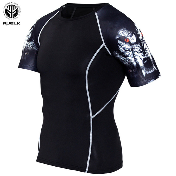 RUELK 2018 New Wolf Head Pattern Printing Compression Fitness Tights Quick-drying Short-sleeved Summer Men's Top Shapers