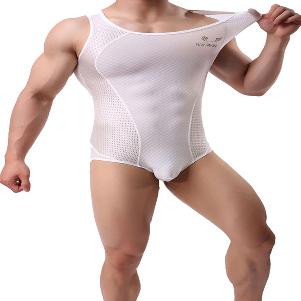 Spandex Undershirt Men Bodysuit Mankini Swimsuit Seamless Underwear Men Bikini One Pece Slimmin Vest Male Singlet Tights Mesh