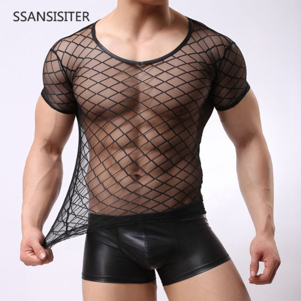 Men Sexy Men See Through Lingge Silk Undershirts Erotic Gay Tank Tops Underwear Transparent Mesh Shirts Tank Undershirts