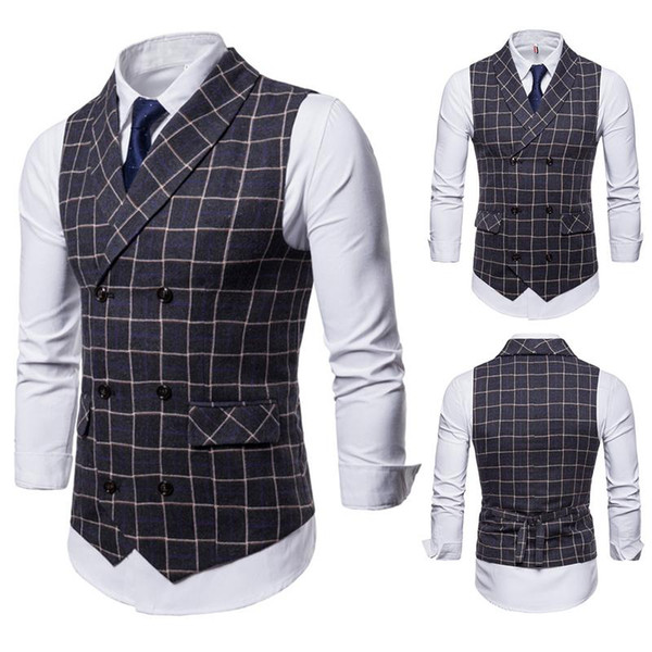 2019 Autumn New Men's Plaid Vest Double-breasted Casual Fitted Waistcoat Dark Gray Coffee Yellow Black Does Not Include Shirts