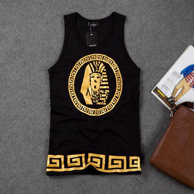 Wholesale- New 100%Cotton Golden Akhnaton Pharaoh Print Hot Stamping O-neck Hip hop Loose Men's Tank Tops Sleeveless 