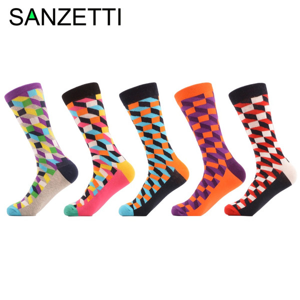 Wholesale- SANZETTI 5 Pairs/lot Men's Colorful Funny Combed Cotton Socks Argyle Filled Optic Striped Casual Dress Crew Socks Winter Socks