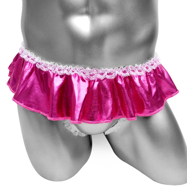 Shiny Sissy skirted Thong Panties Lace Open crotch Men G string Underwear Bikini Faux leather Sissy Panties Sexy Lingerie