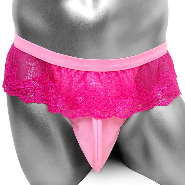 Fashion New Male Sissy Lace Panties With Penis Pouch Pink Men Sexy T-back Thongs Underwear Gay Funny G String Panties Bikini