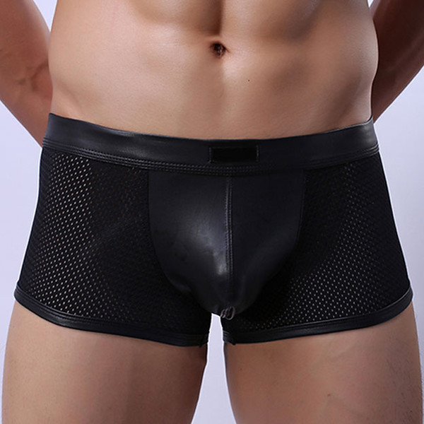 Sexy Men Novelty Shorts Boxers Underwear Faux Leather Mesh Cueca Sheathy Mens Sexy Boxers Panties Underpants Stage Gay Homewear