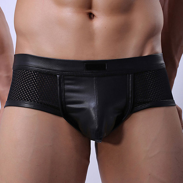 Faux Leather Mens Mesh Small Boxer Shorts Breathable Sexy 2018 New Low Waist U Convex Pouch Male Boxers Underwear