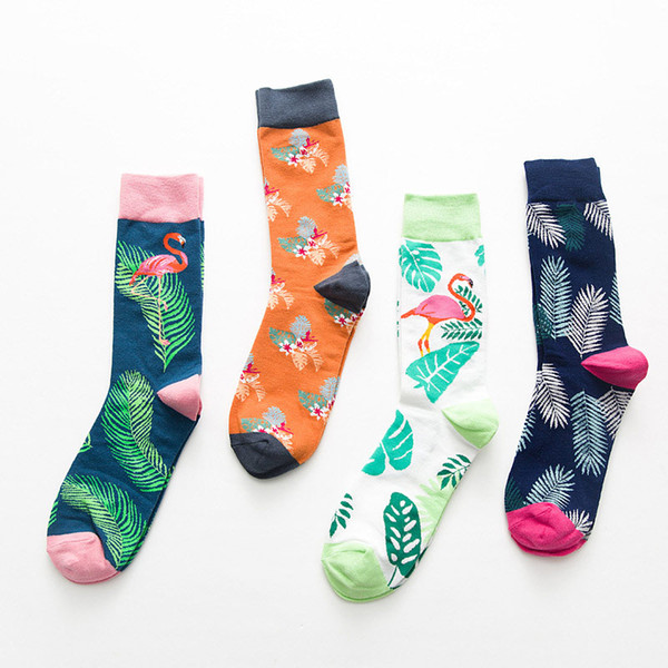 Elegant Creative Harajuku Leaves Casual Cartoon Hip Hop Cotton Men Socks Unisex Art Socks Funny Flamingo Man Socks