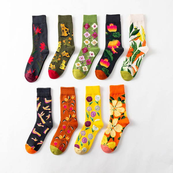 Fashion Trend Wild Casual Crew Couple Sock Cute Cartoon Flower Animal Print Middle Tube Socks Cotton Comfortable Warm Men Mid Stockings 5 Pa