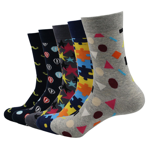 5 Pairs/lot Combed Coon Socks Geometric Winter Personality Socks Funny Casual Socks Men's Free Size Crew Socks