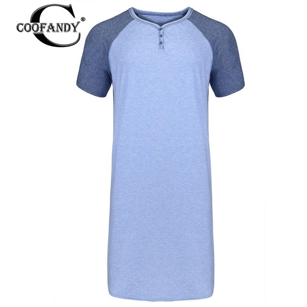 Shirt Long V Button Natural Sleeve Nightshirt Short Sleep Men Home Comfort Nightwear Neck Tall Sleep Nightgown Patchwork