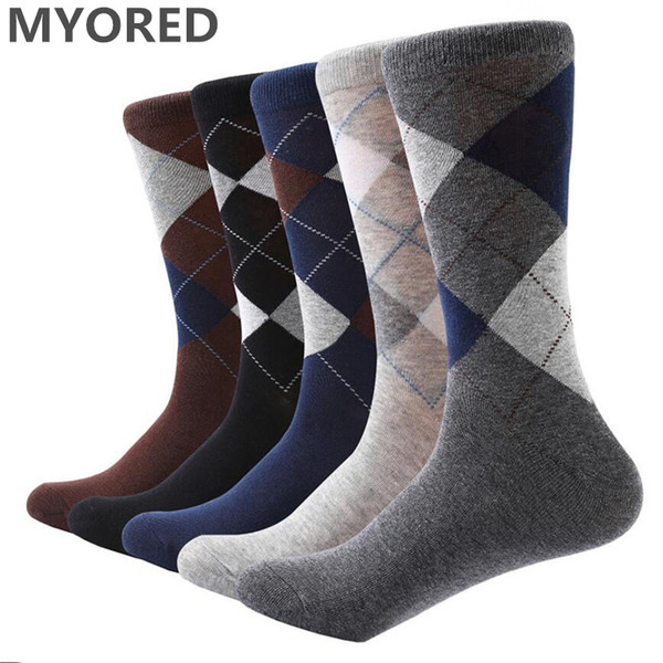 MYORED 10 pair/lot Men's socks solid color Cotton Socks Argyle pattern crew for business dress casual funny long