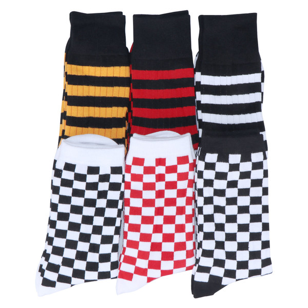 Korean Harajuku Men Stripes Plaid Square Black White Crew Socks Fashion Street Wind Checkboard Checks Colorful Dress Socks