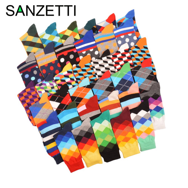 SANZETTI 5 pair/lot Funny Pattern Bright Colorful Men Socks Argyle Oil painting Dot Striped Combed Cotton Crew Socks Wedding