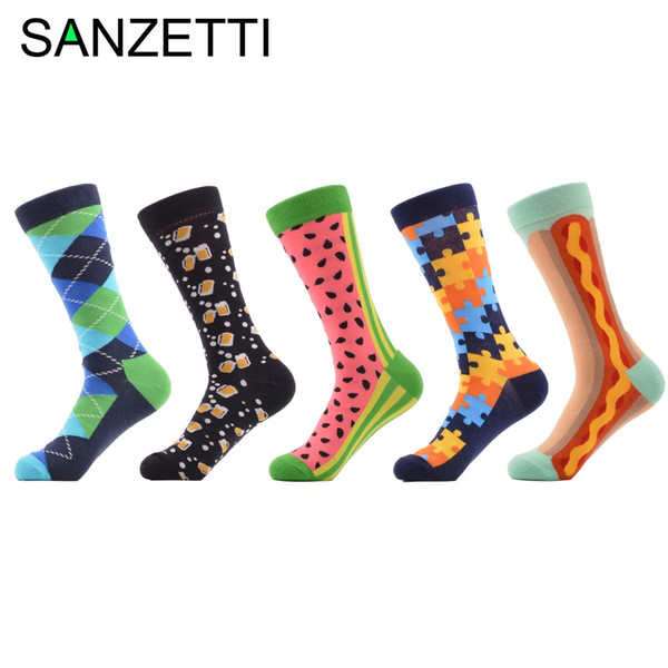 SANZETTI 5 pairs/lot Men's Novelty Funny Socks Combed Cotton Crew Socks for Man Puzzle Beer watermelon Casual for Gift