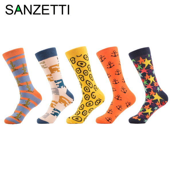 SANZETTI 5 pairs/lot Men's Funny Combed Cotton Socks Anchor Cactus Star Pattern Casual Crew Socks Party Wedding Dress