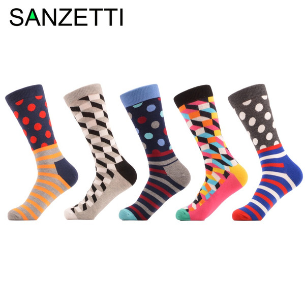 SANZETTI 5 pair/lot Filled Optic Dot Striped Luxury Cool Pattern Men Socks Combed Cotton Socks Funny Style Wedding Gift