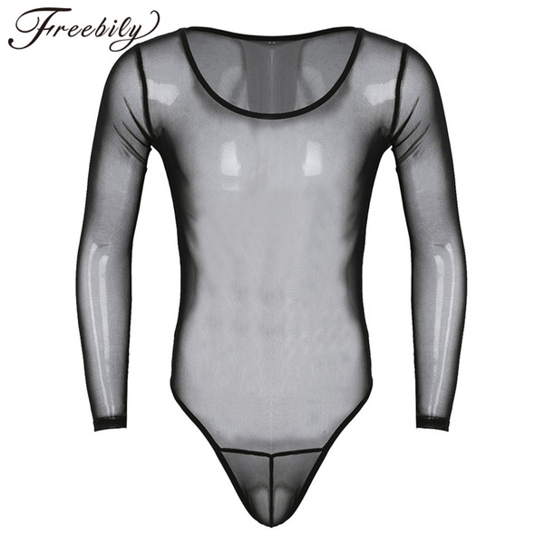 Sexy Men's Shapers One-Piece See Through Mesh Sheer Long Sleeve Scoop Neck High Cut Jumpsuit Bodysuit Lingerie for men