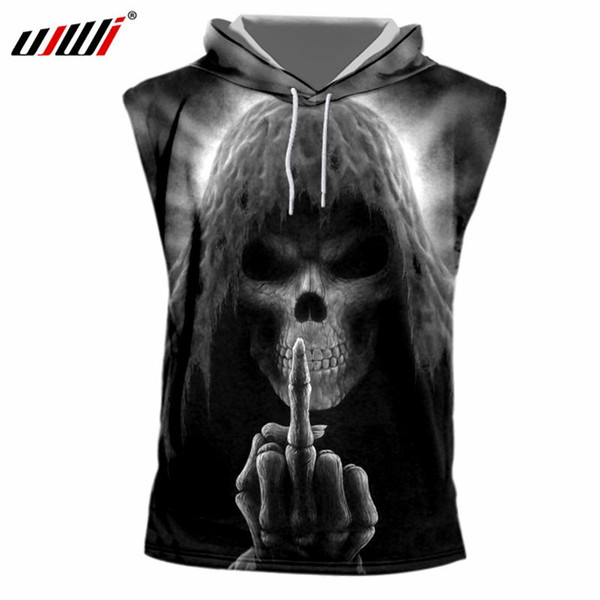 UJWI Summer Tanks Men's Cool Print Death Skull 3D Tank Top With Hood Man Hiphop Sleeveless Hoodie Undershirt Big Size 7XL