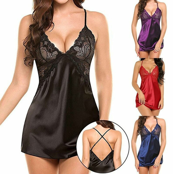 New European and American crossborder lace bare back hollowout sexy lingerie ice silk nightdress sexy seductive suit