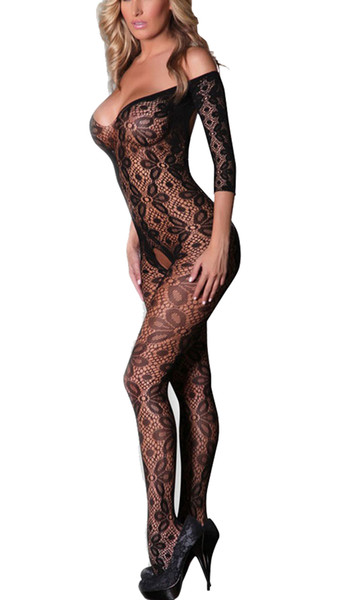 Women Lace Floral Open Crotch Fishnet Bodystockings Off-shoulder Scoop Back One-piece Lingerie Exotic Jumpsuit Teddy Sexy Underwear