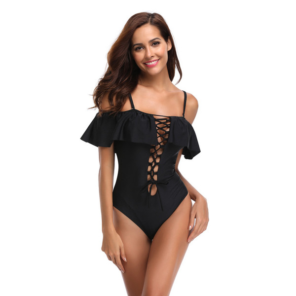 2019Ner Arrival connected Bikini European and American sexy sling bandage lotus leaf side swimsuit 2sets