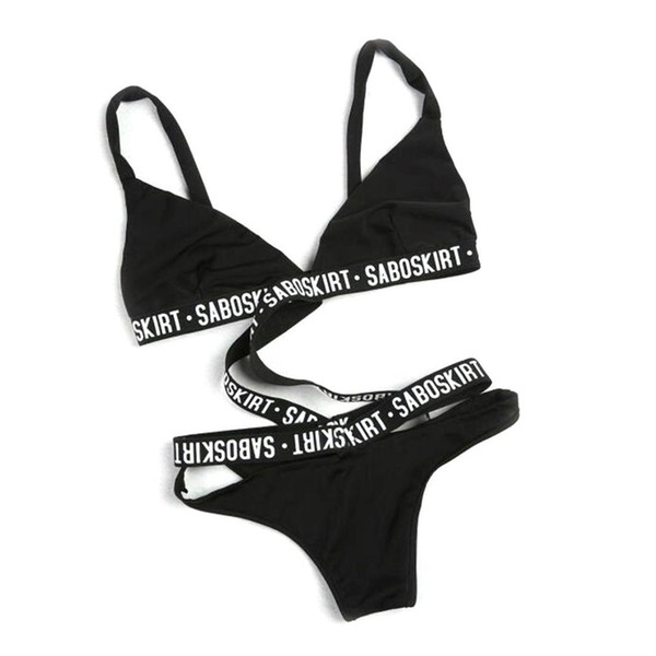 Women Sexy Bikini Set Black Letter Printed Sexy Ladies Summer Beach Swimsuit