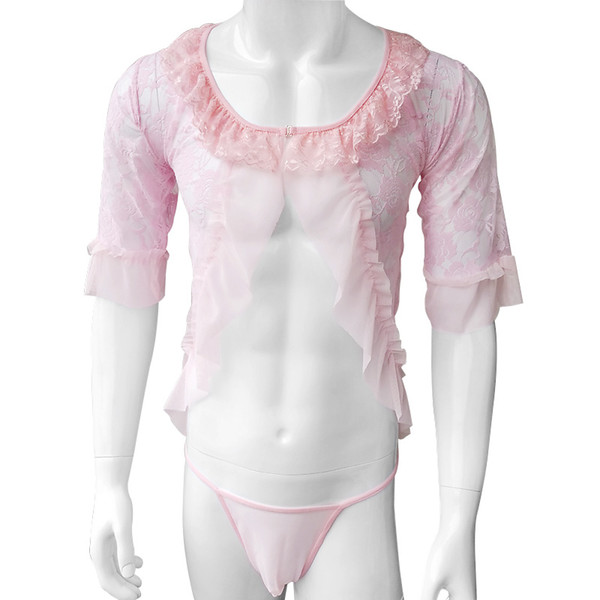 Thin sheer Sexy lingerie Set For Sissy Floral Lace Sleep Wear Panties Thong Gay Male Men Underwear Erotic Open Check Underwear