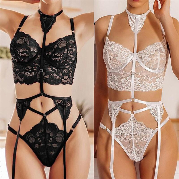 Sexy Women Lace Set Sexy Hollow Out Three Point Type Choker Deep V Neck Two Piece Sets Sexy Womens Underwear