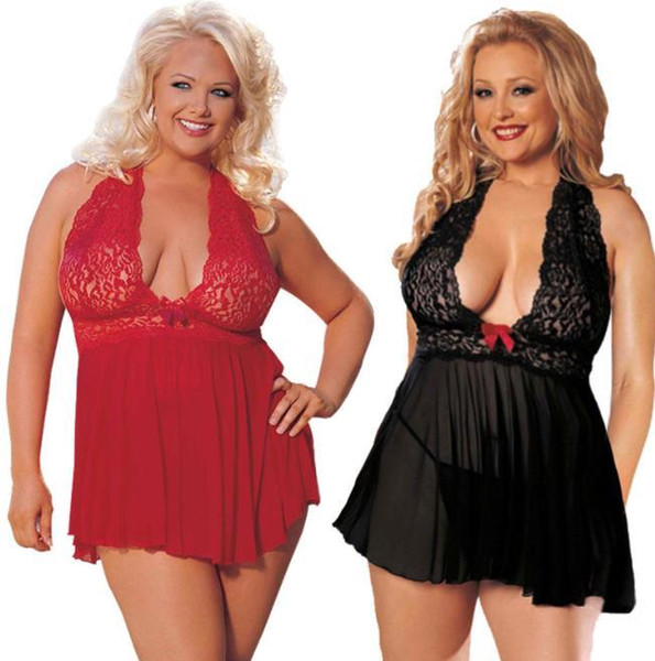 Women Sexy Pajamas Lace Halter Plus Size Sexy Skirt Red Black 5XL 6XL