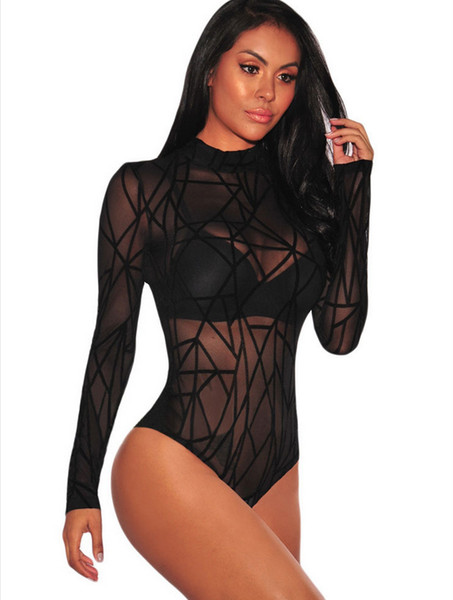 Sexy Solid Mesh Sheer Skinny Bodysuit Women Autumn Long Sleeve Sexy Body Office Female Basic Bodysuits A808