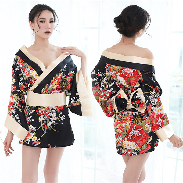 Womens Designer Sexy Erotic Uniform Sakura Pattern Print Japanese Kimono Long Sleeve Famale Waist Sexy Pajamas