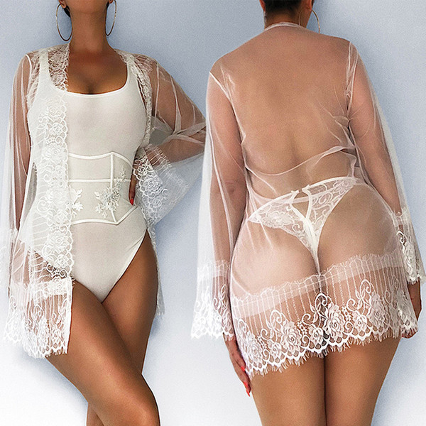 Erotic stitching eyelash lace set Temptation perspective dew point underwear + straps long sleeves outer cover four sets sexy sets women's