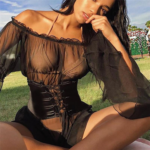 Best Selling Black Sexy Hot Erotic Lingerie Mini Dress Mesh See Through Flare Sleeve Ruffles Open Shoulder Backless Night Club Sashes Corset