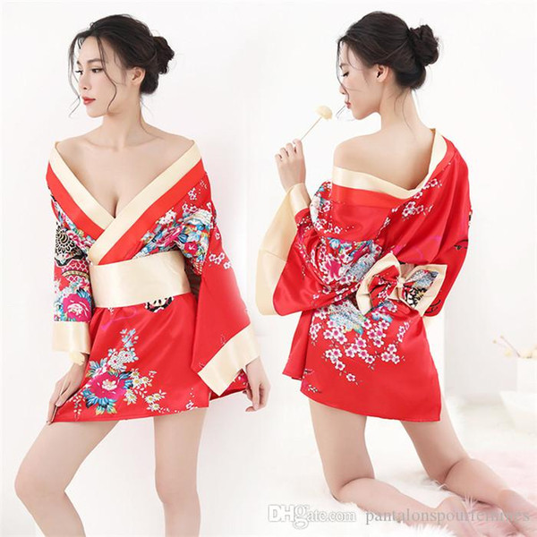 Womens Designer Sexy Erotic Uniform Sakura Pattern Print Japanese Kimono Long Sleeve Famale Sexy Pajamas