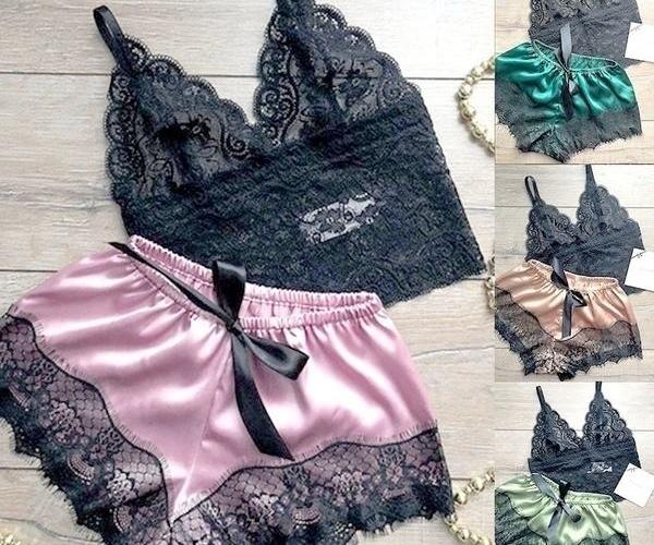 Sexy Women Lace V Neck Pajamas Set Lingerie Sleeveless Nightwear Spaghetti Strap Vest+Short Pants Sleeping Wear