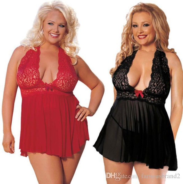 Women Sexy Pajamas Lace Halter Plus Size Sexy Skirt Red Black 5XL 6XL