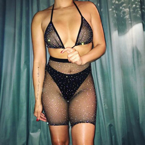 Sparkle Rhinestone Lingerie Set Crystallized Fishnet Biker Shorts + Triangle Top Festival EDM Rave Outfit Night Club Sexy Fishnets for Women
